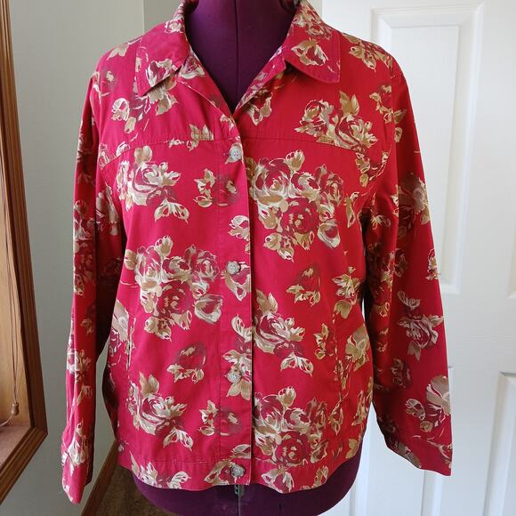 Sag Harbor Sport Light Jacket Red Gold Roses XL cotton floral chambray retro - Picture 5 of 12